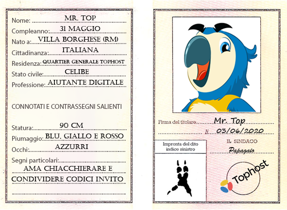 Mascotte Tophost Pappagallo Mr. Top