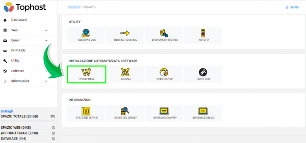 pannello di controllo installazione wordpress one click