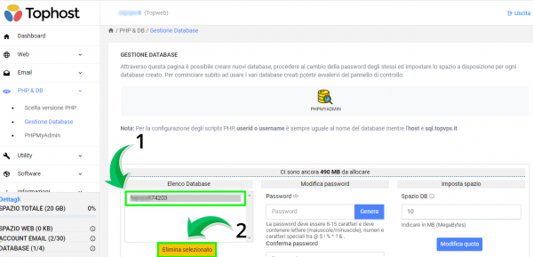 elimina database mysql selzionato pannello di controllo tophost